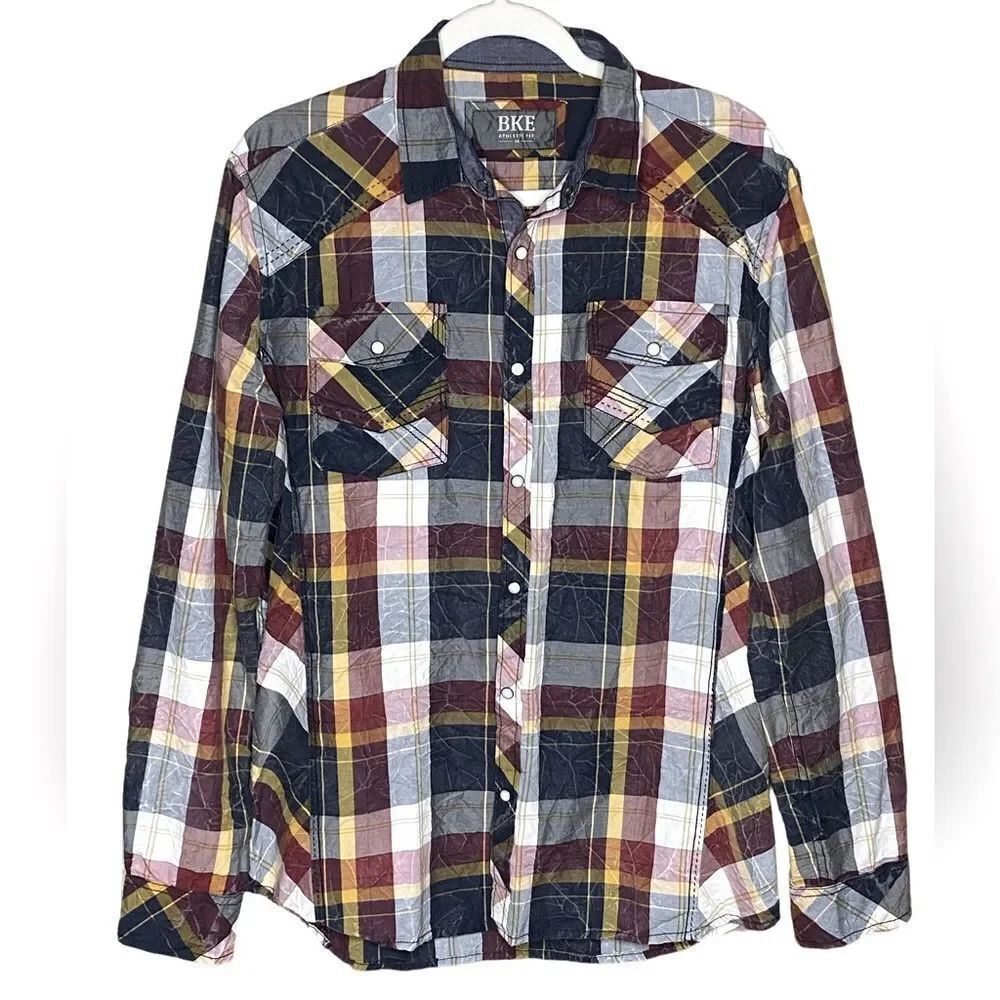 BKE Men’s Sz Med Plaid Athletic Fit Long Sleeve Snap Front Western Shirt